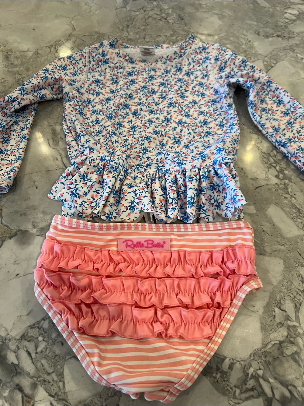Girls' Pink Stripe RuffleButts Swim Bottoms & Floral Rash Guard Set
